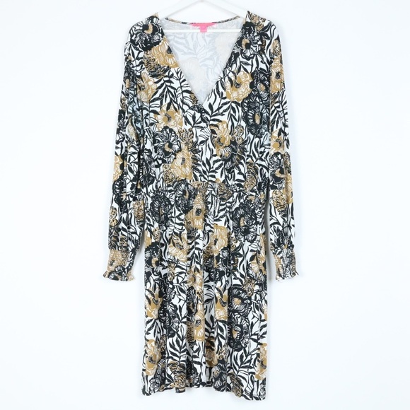 Lilly Pulitzer Black and Gold Floral Long Sleeve Dress - Picture 2 of 13
